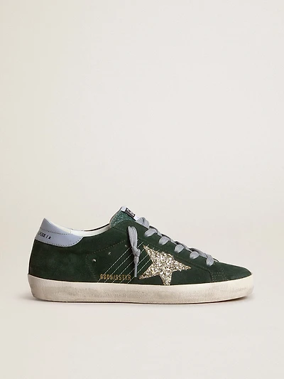 Women's Super-Star green suede, silver glitter star and leather heel tab