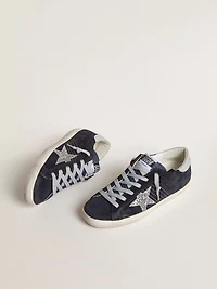 Women’s Super-Star blue suede with silver glitter star and leather heel tab