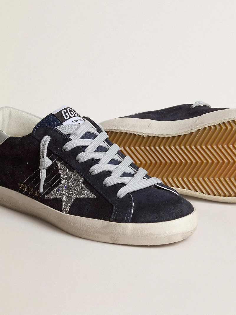 Women’s Super-Star blue suede with silver glitter star and leather heel tab