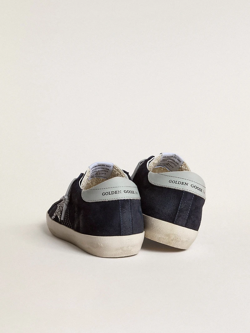 Women’s Super-Star blue suede with silver glitter star and leather heel tab