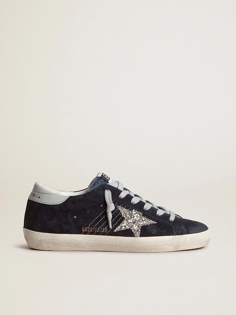 Women’s Super-Star blue suede with silver glitter star and leather heel tab
