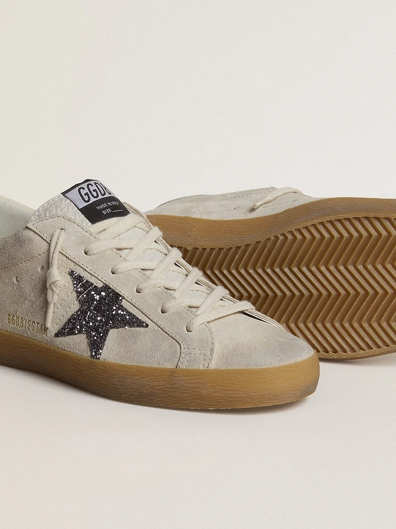 Women's Super-Star ice-gray suede with silver glitter star and leather heel tab