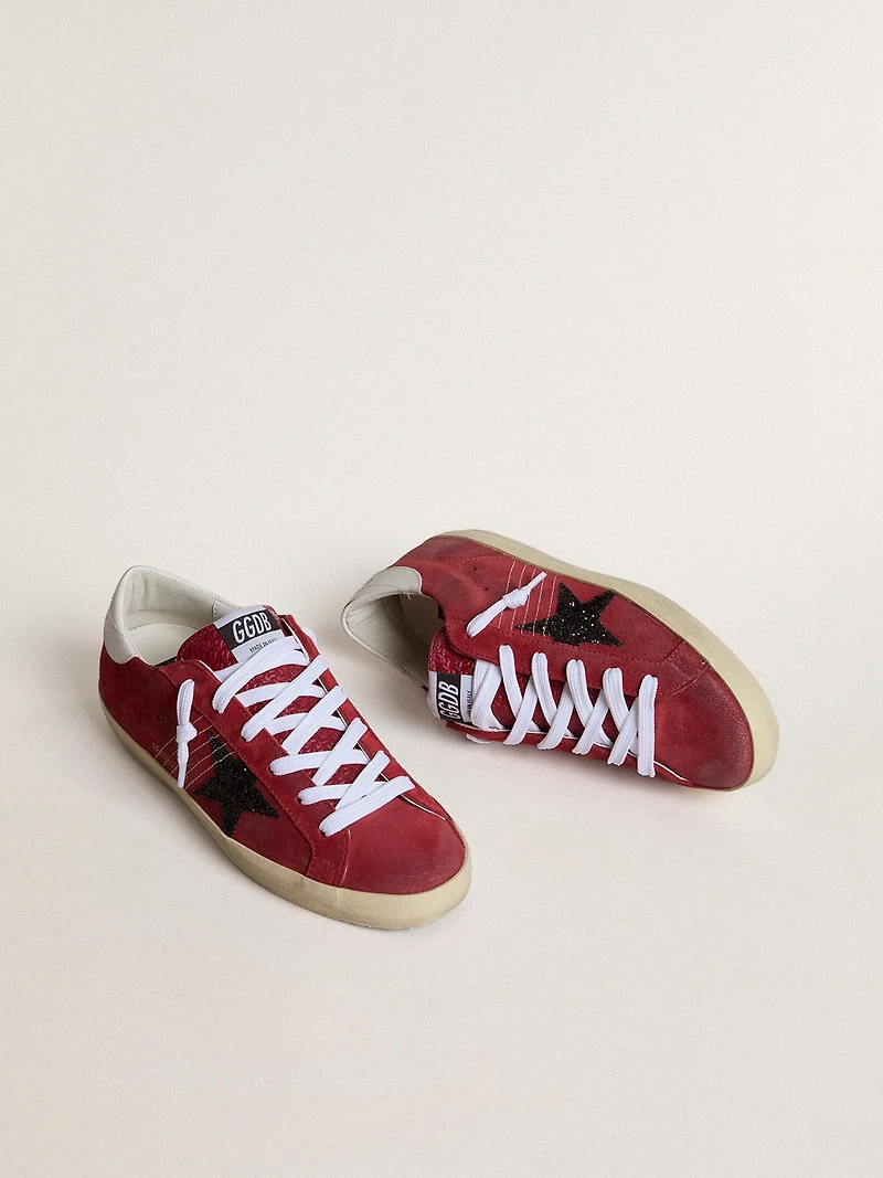 Women’s Super-Star red suede with glitter star and white heel tab