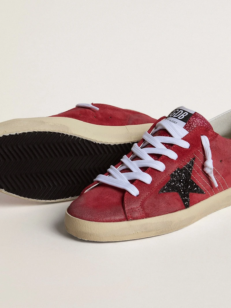 Women’s Super-Star red suede with glitter star and white heel tab