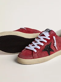 Women’s Super-Star red suede with glitter star and white heel tab