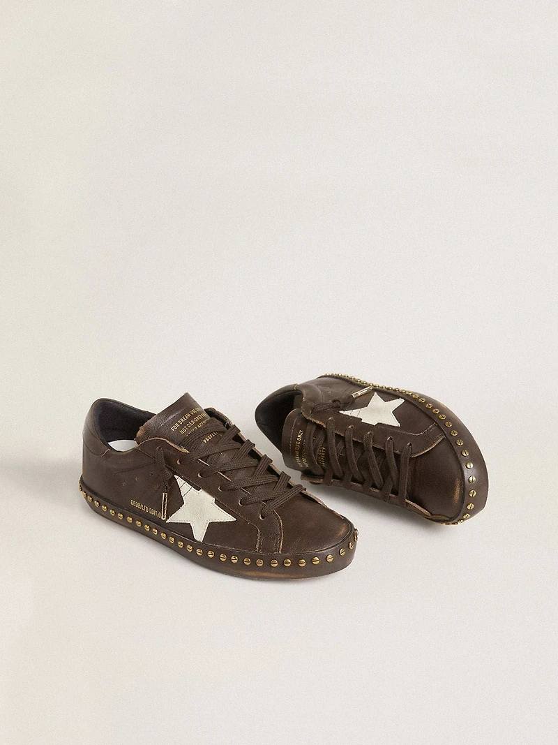 Women’s Super-Star dark brown leather with cream suede star and studs