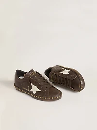 Women’s Super-Star dark brown leather with cream suede star and studs