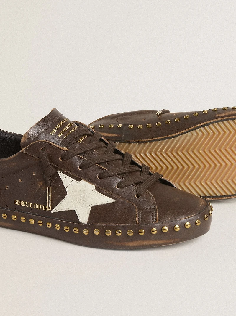 Women’s Super-Star dark brown leather with cream suede star and studs
