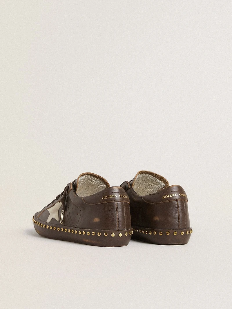 Women’s Super-Star dark brown leather with cream suede star and studs