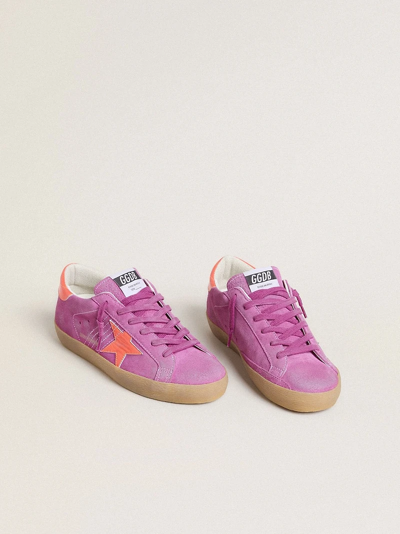 Women's Super-Star fuchsia suede with fluorescent orange laminated leather star and heel tab