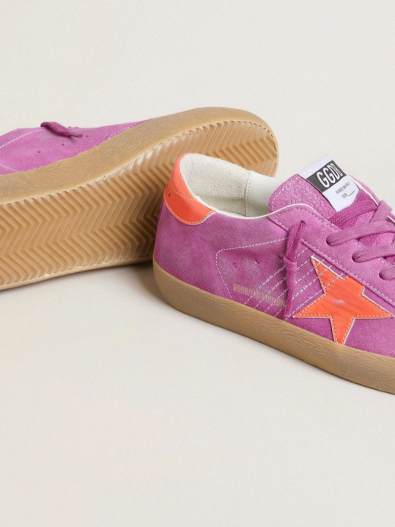 Women's Super-Star fuchsia suede with fluorescent orange laminated leather star and heel tab