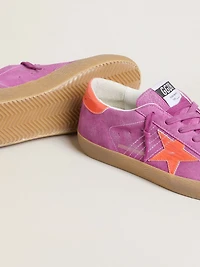 Women's Super-Star fuchsia suede with fluorescent orange laminated leather star and heel tab