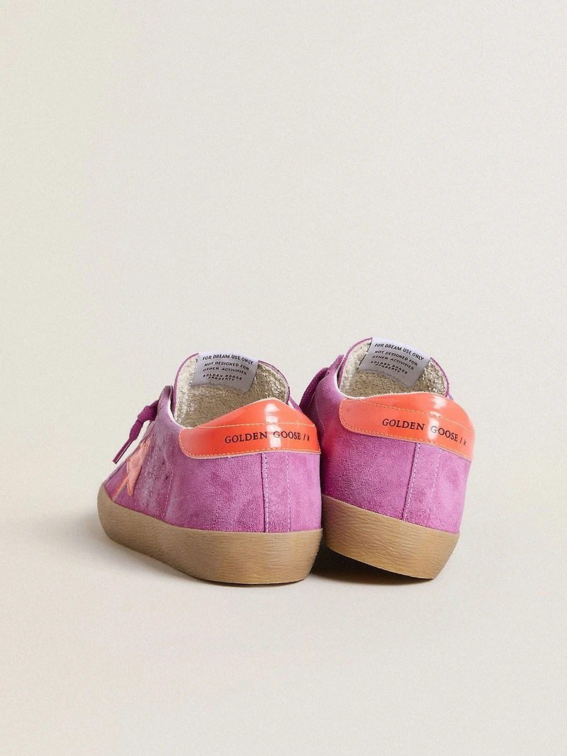 Women's Super-Star fuchsia suede with fluorescent orange laminated leather star and heel tab