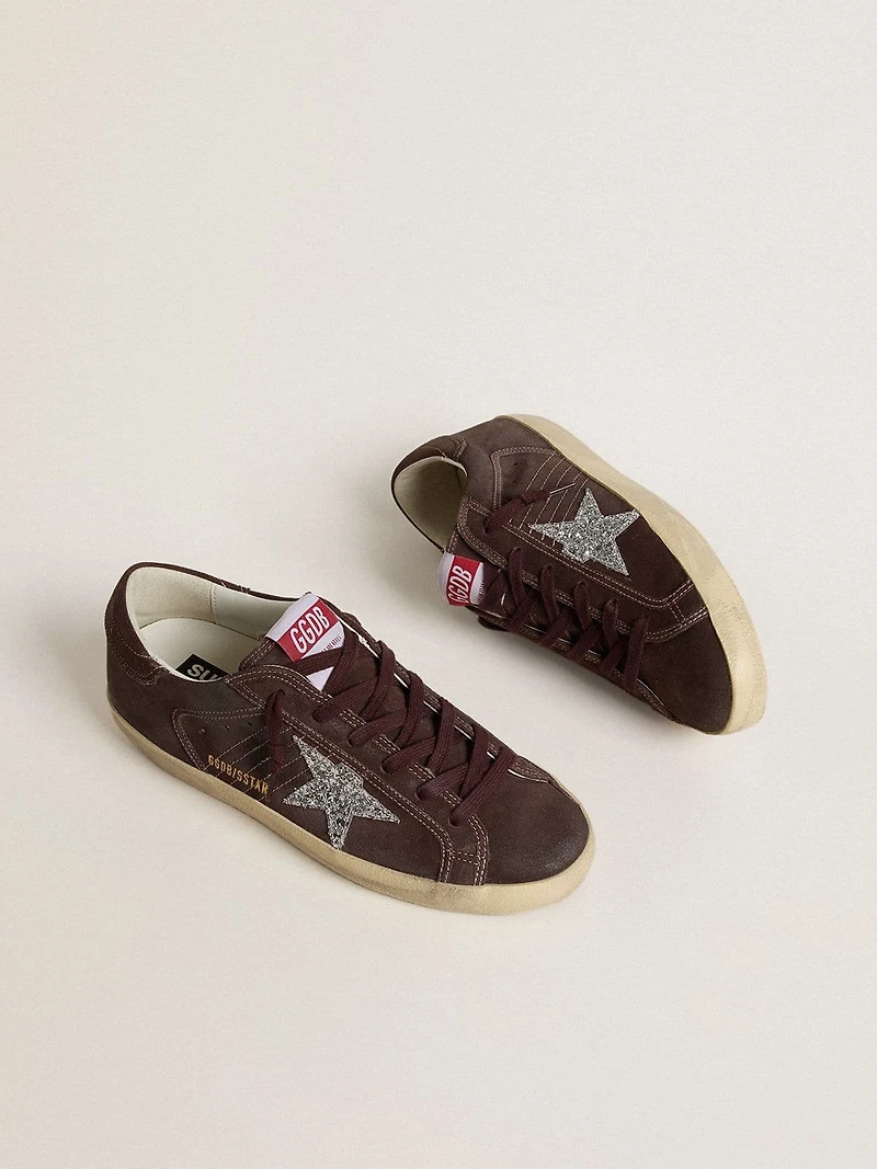 Women's Super-Star brown suede with silver glitter star