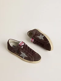 Women's Super-Star brown suede with silver glitter star