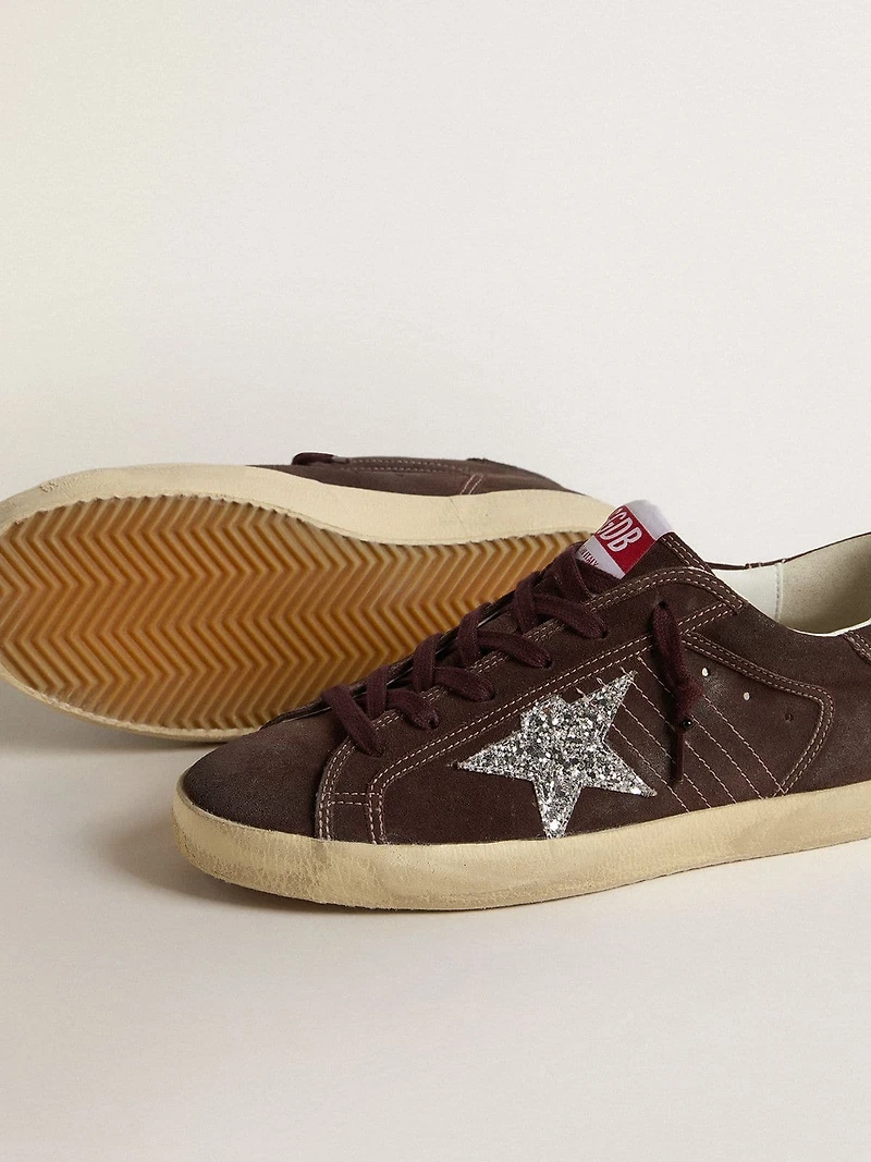 Women's Super-Star brown suede with silver glitter star