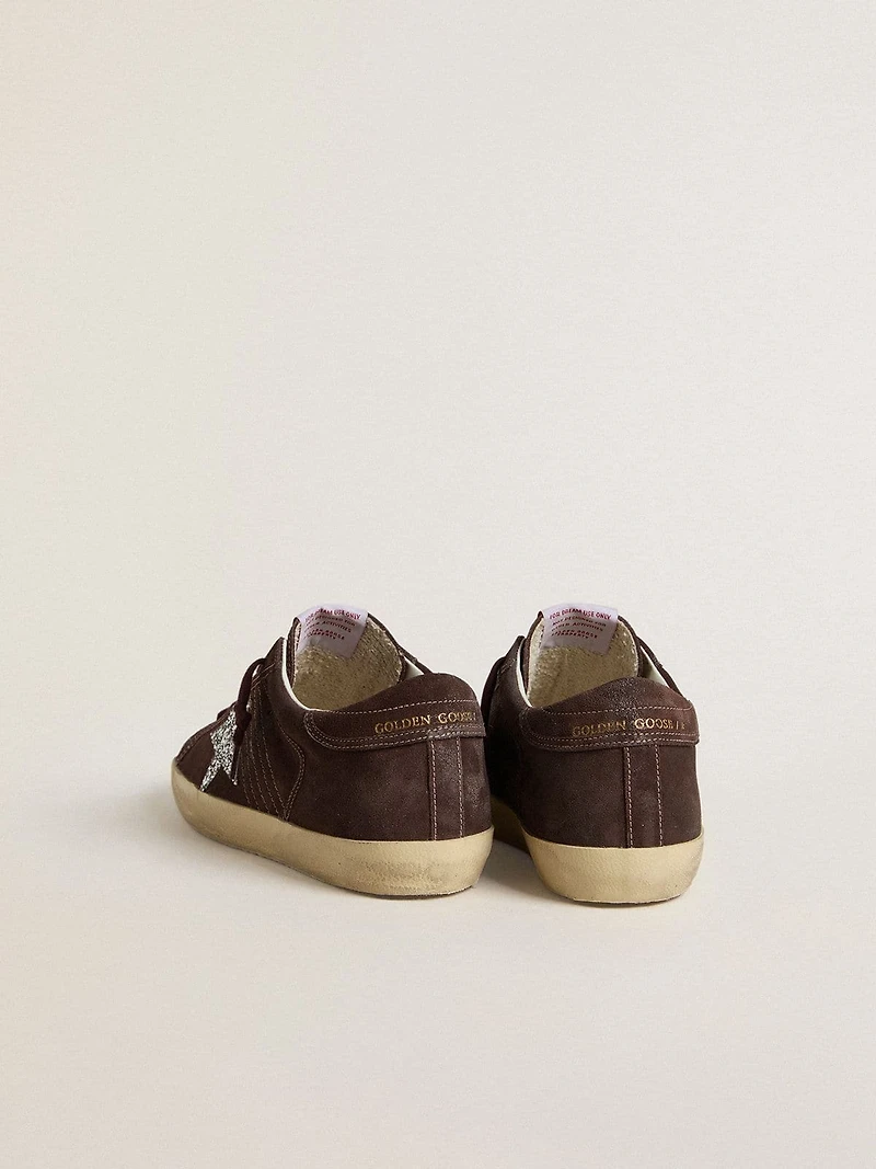 Women's Super-Star brown suede with silver glitter star