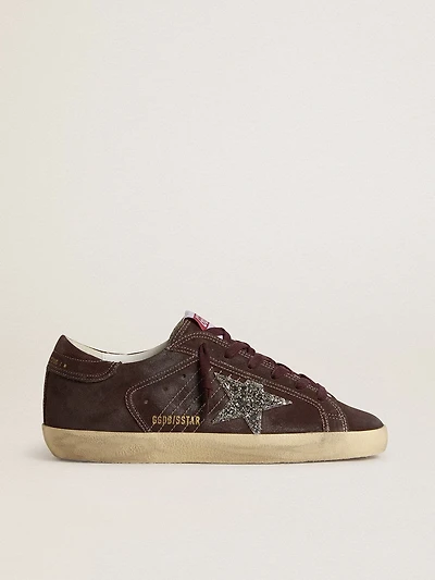 Women's Super-Star brown suede with silver glitter star