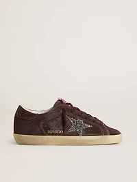 Women's Super-Star brown suede with silver glitter star