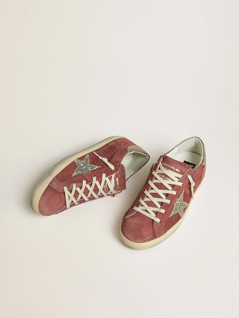 Women's Super-Star LTD red suede with silver glitter star and laminated leather heel tab