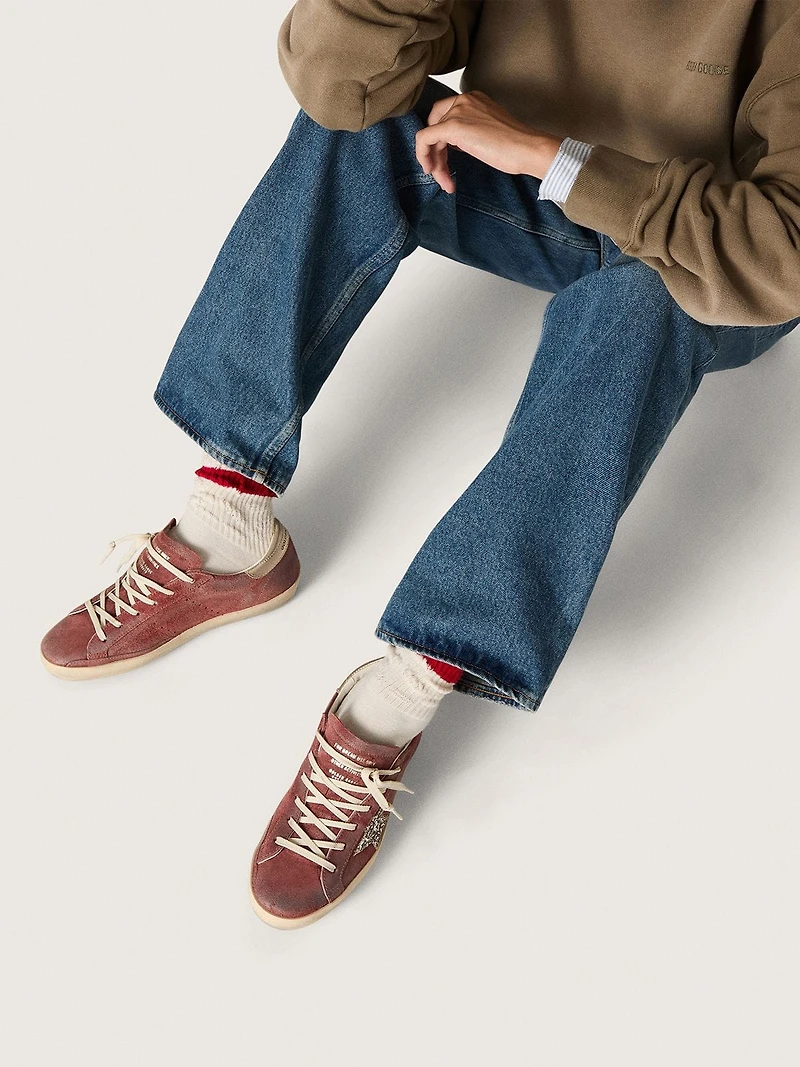 Women's Super-Star LTD red suede with silver glitter star and laminated leather heel tab