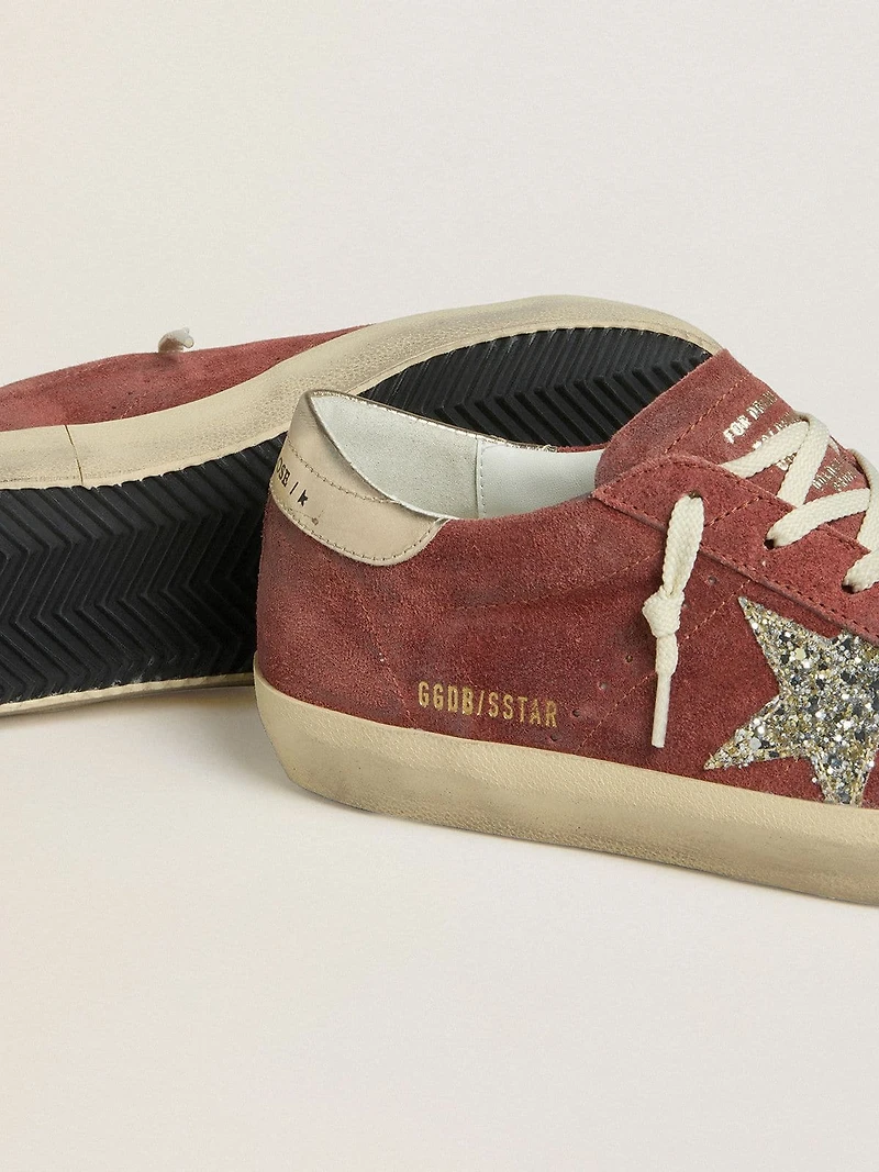 Women's Super-Star LTD red suede with silver glitter star and laminated leather heel tab