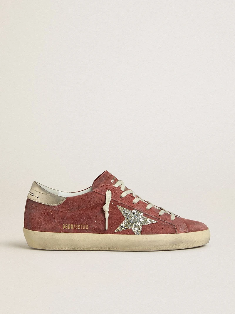Women's Super-Star LTD red suede with silver glitter star and laminated leather heel tab