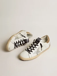 Women's white leather Super-Star with glittery heel tab