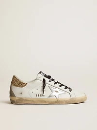 Women's white leather Super-Star with glittery heel tab