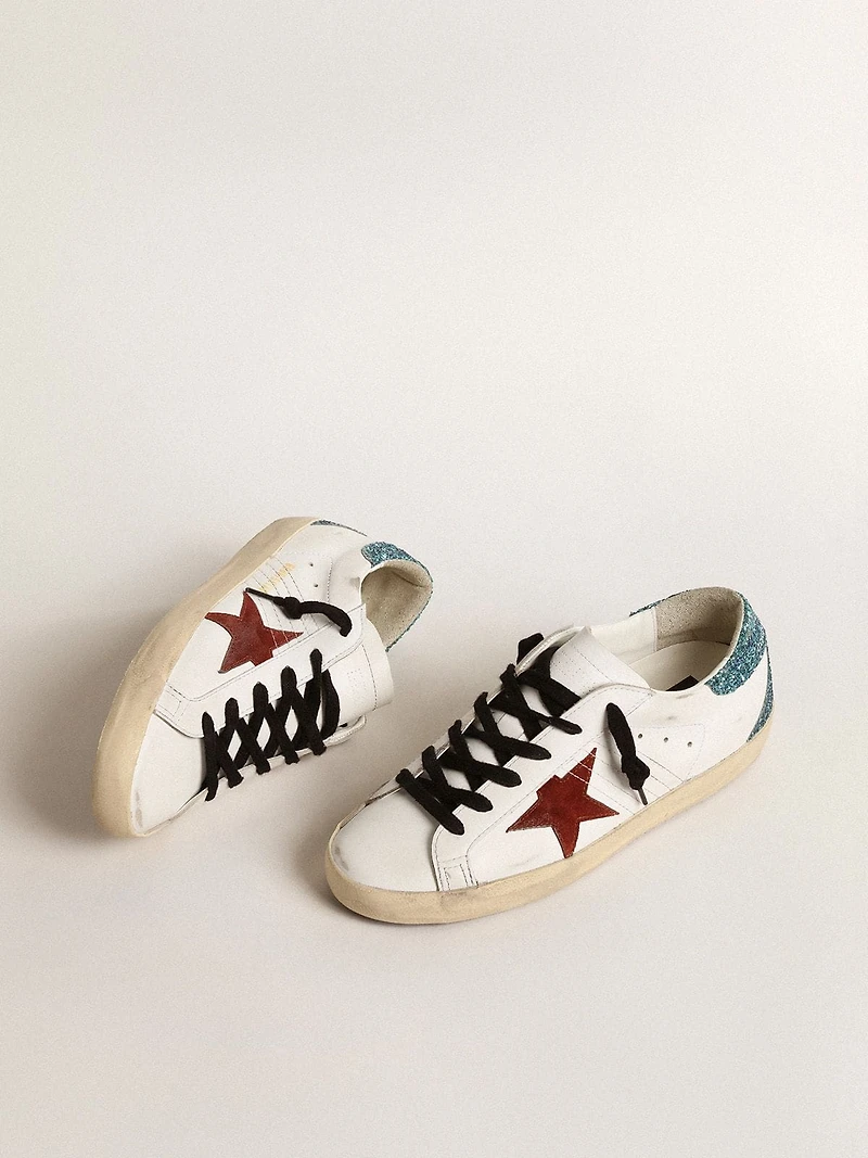 Women’s Super-Star with burgundy suede star and light blue glitter heel tab