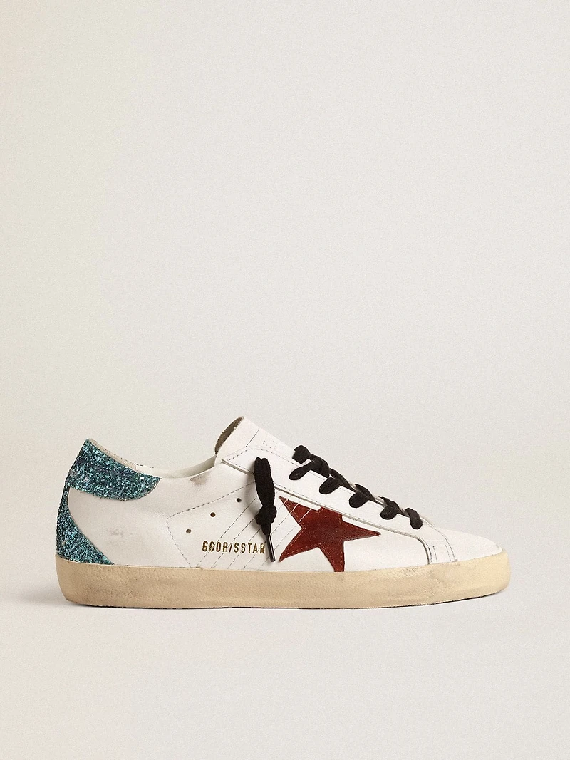 Women’s Super-Star with burgundy suede star and light blue glitter heel tab