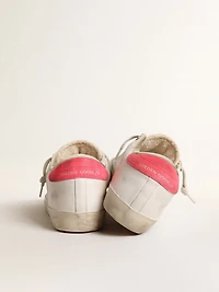 Women's white leather Super-Star with perforated star and fuchsia nylon heel tab
