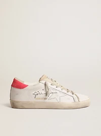 Women's white leather Super-Star with perforated star and fuchsia nylon heel tab