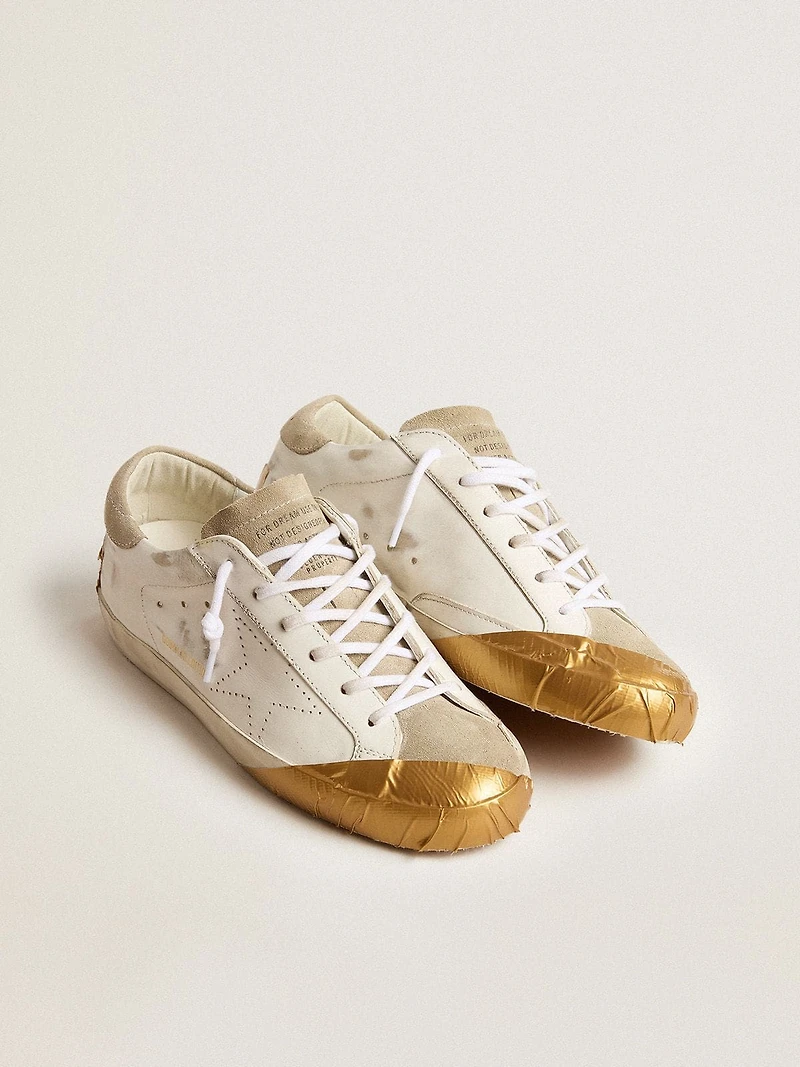 Women's Super-Star LTD white leather with ice-gray suede inserts and gold-colored tape