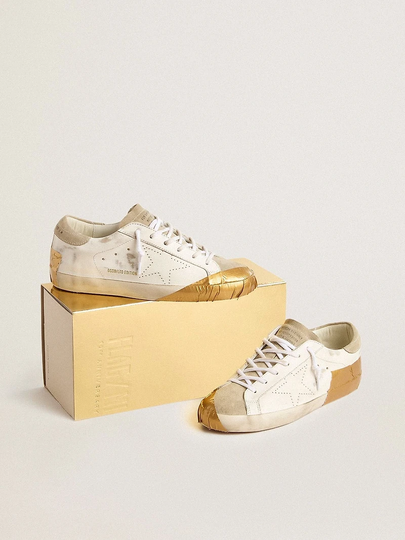 Women's Super-Star LTD white leather with ice-gray suede inserts and gold-colored tape