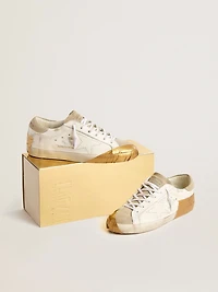 Women's Super-Star LTD white leather with ice-gray suede inserts and gold-colored tape