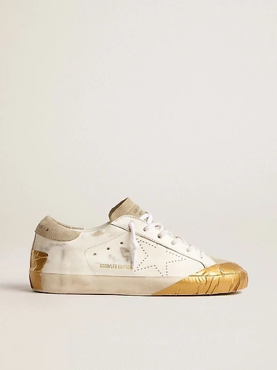 Women's Super-Star LTD white leather with ice-gray suede inserts and gold-colored tape