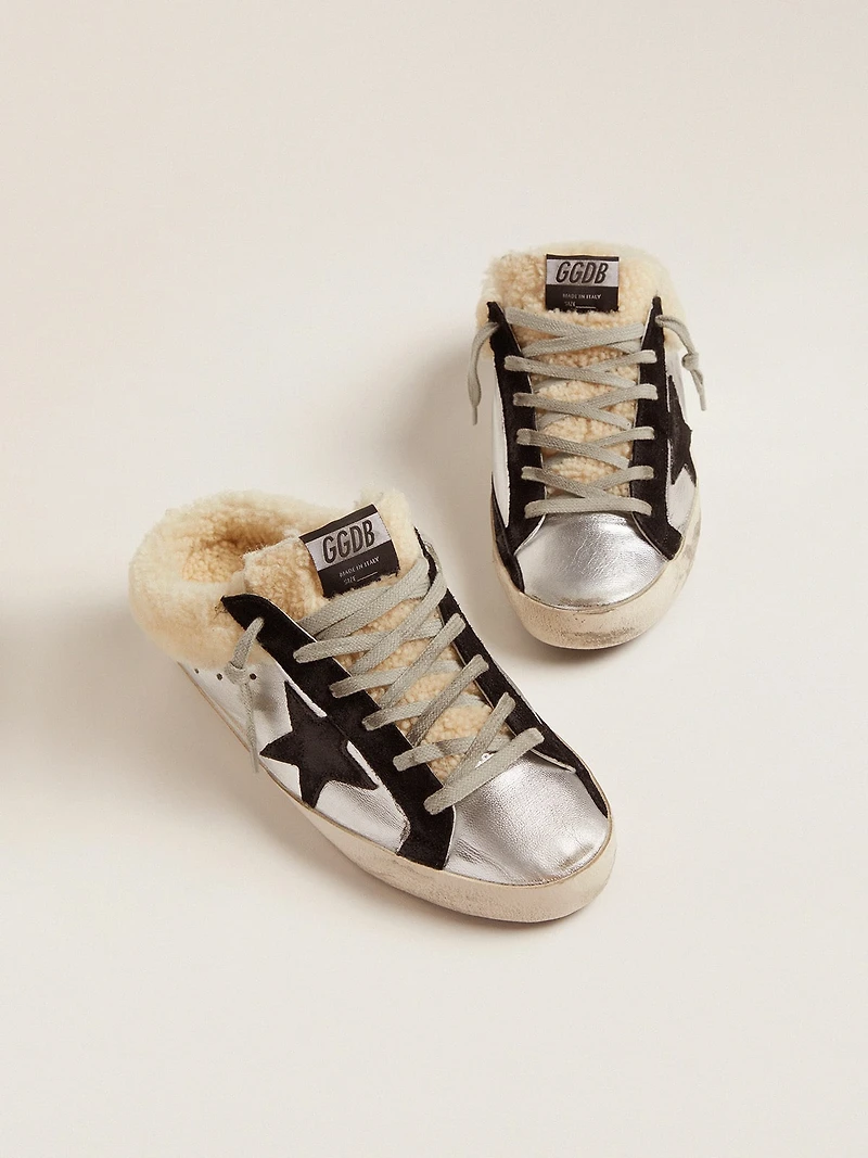 Women's Super-Star Sabot silver laminated leather with black star