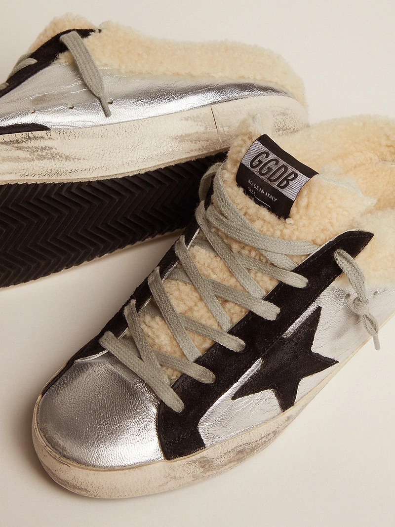 Women's Super-Star Sabot silver laminated leather with black star