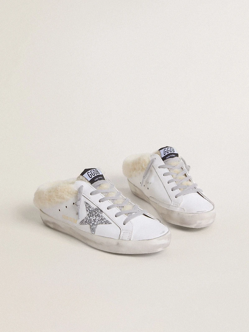 Super-Star Sabots white leather with shearling lining and silver star