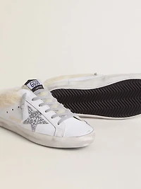 Super-Star Sabots white leather with shearling lining and silver star