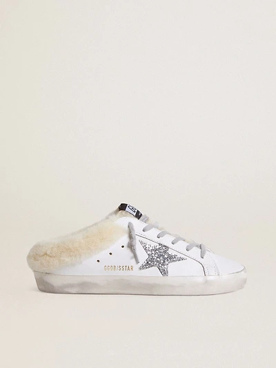Super-Star Sabots white leather with shearling lining and silver star