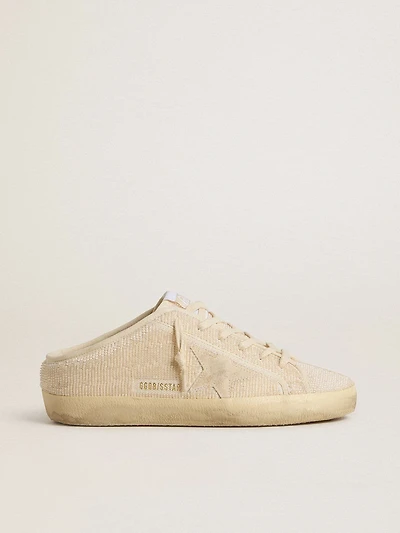 Women's Super-Star Sabot beige canvas with embroidered beads and suede star