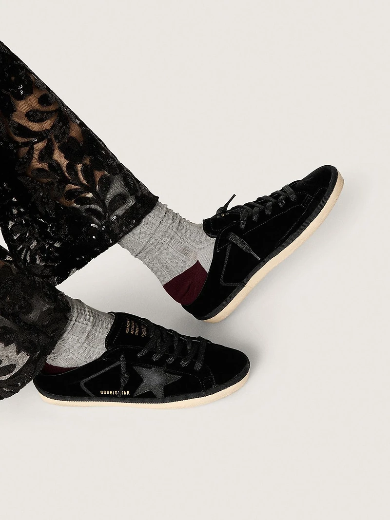 Women's Super-Star Sabots black velvet with a leather star micro-glitter