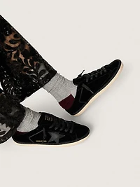 Women's Super-Star Sabots black velvet with a leather star micro-glitter