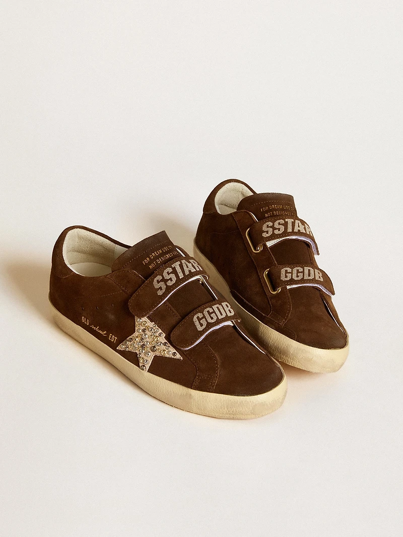 Women's Old School brown suede with beige star studs and pearls