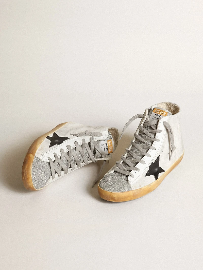 Women’s Francy white suede with black leather star and silver Swarovski crystal tongue