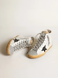 Women’s Francy white suede with black leather star and silver Swarovski crystal tongue