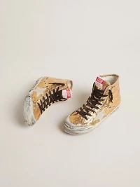 Francy Penstar gold paiettes with suede star and bright blue heel tab