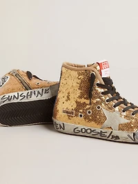 Francy Penstar gold paiettes with suede star and bright blue heel tab